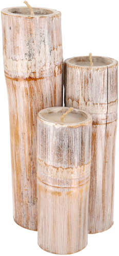 Candle set, 3 candles in bamboo - white - 25x12x12 cm  12 cm