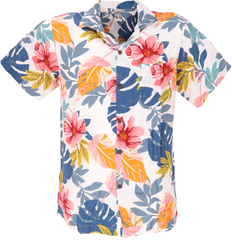 Hawaihemd, Hippiehemd Kurzarm, Herrenhemd mit Blumendruck - wei
