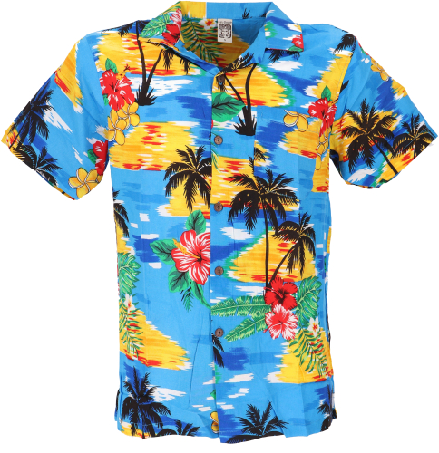 Hawaiihemd, Hippiehemd Kurzarm, Herrenhemd mit Blumendruck - blau