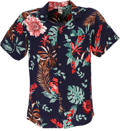 Hawaiian shirt, hippie shirt short sleeve, men`s shirt with floral print - dark blue/red