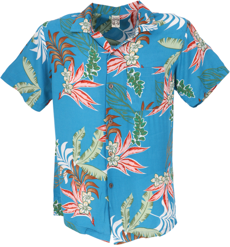 Hawaiihemd, Hippiehemd Kurzarm, Herrenhemd mit Blumendruck - trkisblau