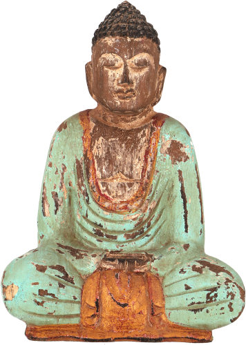 Sitzender Holzbuddha, Buddha Statue, Handarbeit 21 cm, antik grn - Modell 16