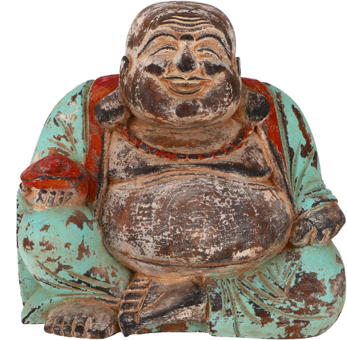 Lachender Holzbuddha, Buddha Statue, Handarbeit 21 cm, antik grn - Modell 17