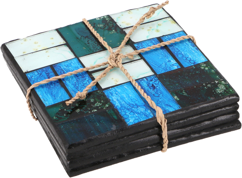 Set of 4 glass mosaic coasters - blue/green - 10x10x0,7 cm 