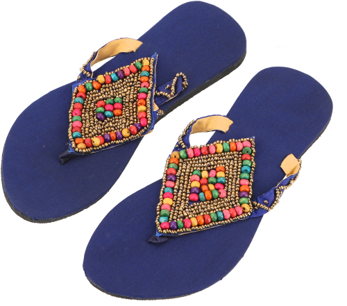 Exotic flip flops with rubber soles and colorful wooden beads - blue
