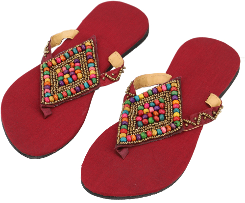 Exotic flip flops with rubber soles and colorful wooden beads - red