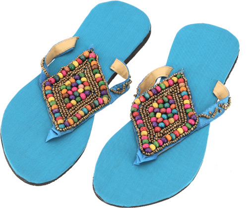 Exotic flip flops with rubber soles and colorful wooden beads - turquoise