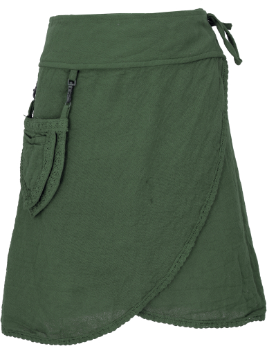 Pixi festival boho mini skirt, natural ethno wrap skirt with bag and lace - green