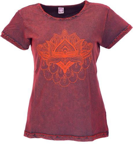 Boho T-Shirt mit Lotusdruck, Stonewash Yoga T-Shirt - dunkelrot