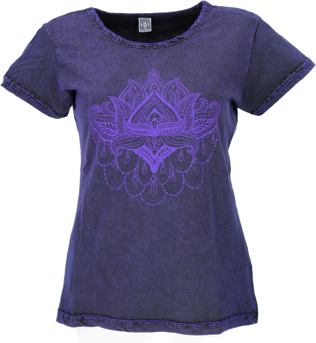 Boho T-shirt with lotus print, stonewash yoga T-shirt - viollett