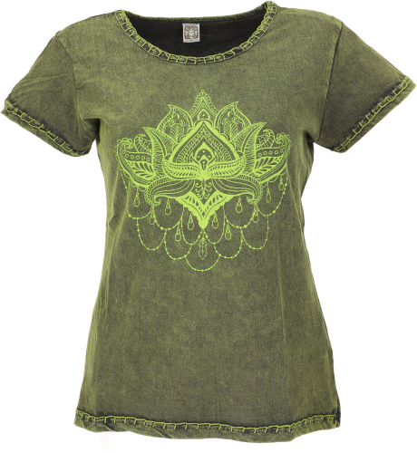 Boho T-shirt with lotus print, stonewash yoga T-shirt - green