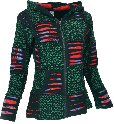 Goa patchwork jacket, boho hooded jacket, ethno jacket - green/red