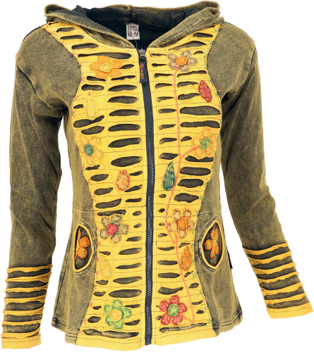 Goa stonewash jacket, boho patchwork hooded jacket with flowers - yellow