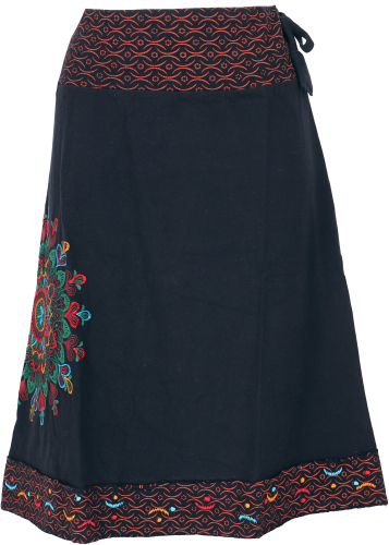 Knee-length summer skirt, embroidered boho skirt, cotton skirt - black/red