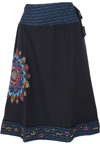 Knee-length summer skirt, embroidered boho skirt, cotton skirt - black/blue