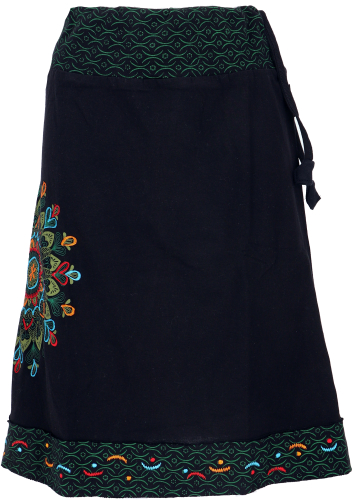 Knee-length summer skirt, embroidered boho skirt, cotton skirt - black/green