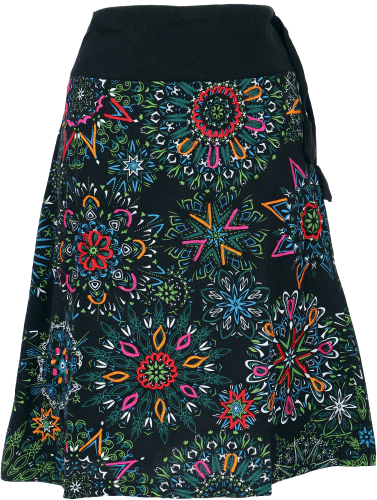 Embroidered knee-length skirt, boho chic, retro mandala - black/green