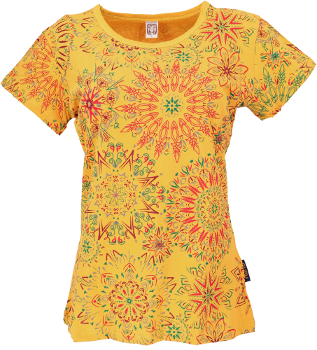 Boho T-Shirt mit Mandaladruck, bedrucktes Baumwoll-T-Shirt, Yoga T-Shirt - gelb