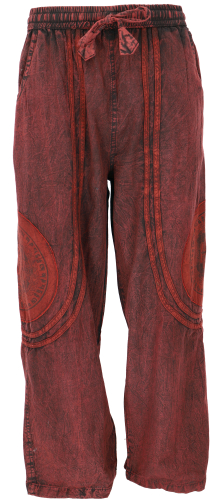 Stonewash yoga pants, unisex cotton Goa pants with Thanka print - red