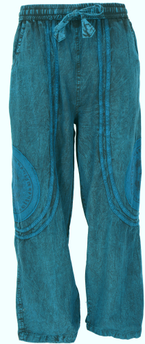 Stonewash yoga pants, unisex cotton Goa pants with Thanka print - blue