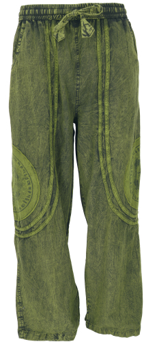 Stonewash yoga pants, unisex cotton Goa pants with Thanka print - green