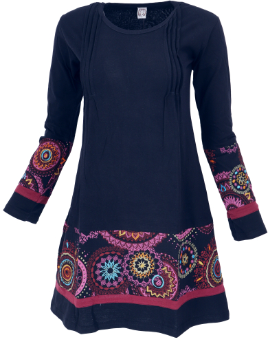 Cotton mini dress boho chic, long sleeve tunic - black/pink