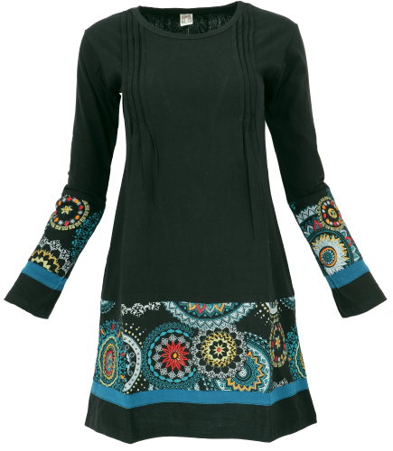 Cotton mini dress boho chic, long sleeve tunic - black/blue