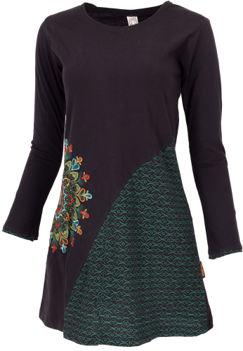 Embroidered boho chic mini dress, tunic with colorful mandala - black/green