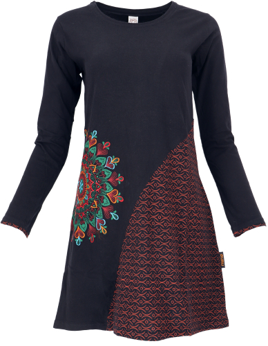 Embroidered boho chic mini dress, tunic with colorful mandala - black/red