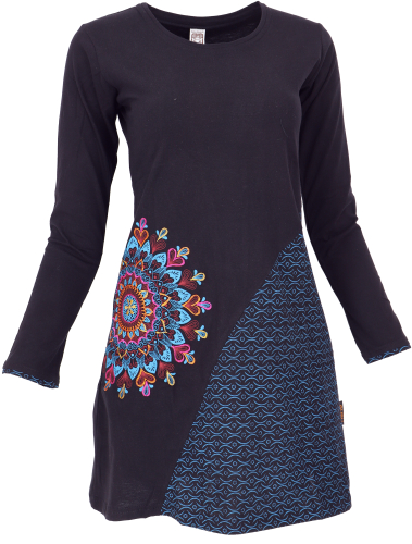 Besticktes Boho chic Minikleid, Tunika mit farbenfrohem Mandala - schwarz/blau