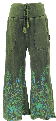 Palazzo pants, boho cotton pants, hippie pants with flowers, flared pants - green