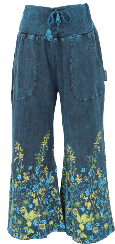Palazzo pants, boho cotton pants, culottes with flowers, flared pants - blue