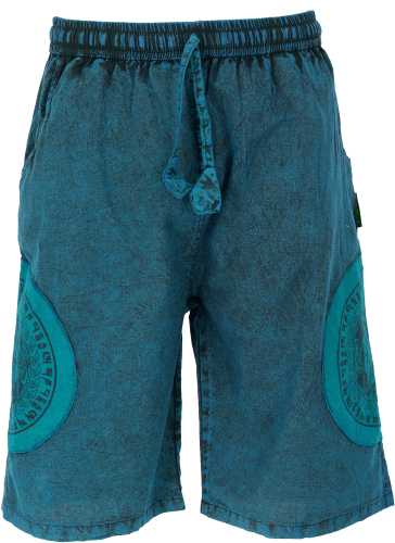 Ethno yoga shorts, Stonwasch patchwork shorts with Thanka print - blue
