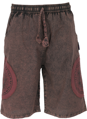 Ethno yoga shorts, Stonwasch patchwork shorts with Thanka print - brown