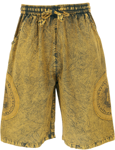 Ethno yoga shorts, Stonwasch patchwork shorts with Thanka print - yellow