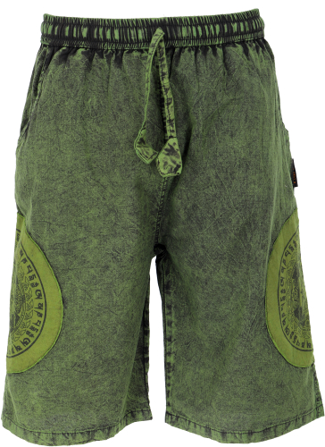 Ethno yoga shorts, Stonwasch patchwork shorts with Thanka print - green