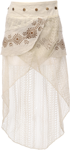 Psytrance Goa Pixi layered skirt, wrap skirt with lace - natural white