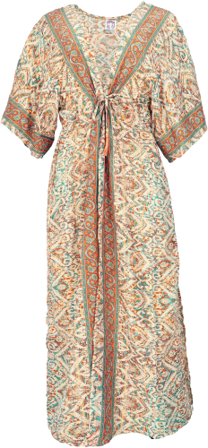 Kimono dress, silky shiny boho kimono, kimono robe - vanilla/orange