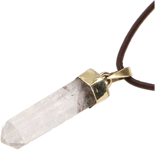 Hexagon pendant, gemstone pendant, crystal lace with leather strap - rock crystal/gold - 4x1 cm