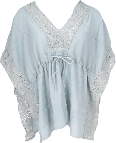 Short kaftan blouse with lace, boho kaftan - light dove blue