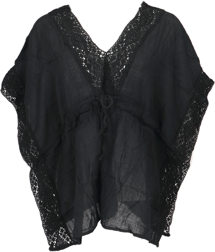 Short kaftan blouse with lace, boho kaftan - black