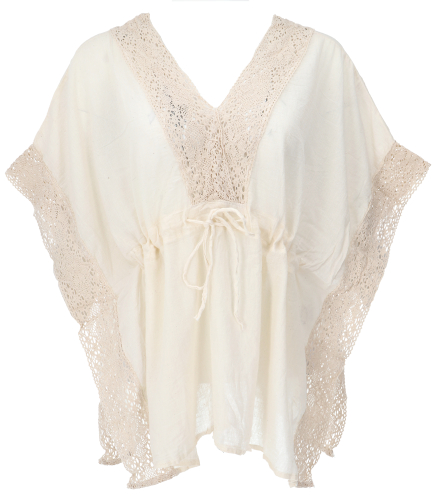 Short kaftan blouse with lace, boho kaftan - natural white/cream