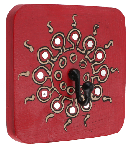 Vintage coat hook, checkroom hook, key rack, wall hook `Bagru`-Sun` - red - 10x10x1 cm 