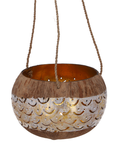 Kokosnuss Teelicht zum Hngen, Dekotopf - Modell 8 wei - 10x13x13 cm  13 cm