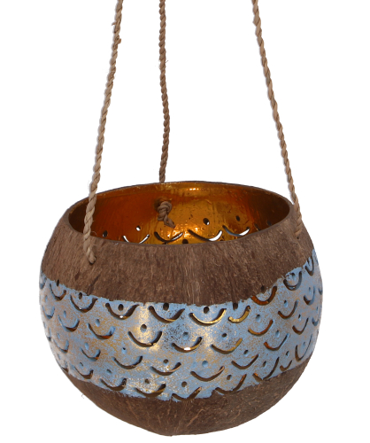 Hanging coconut tea light, decorative pot - model 8 light blue - 10x13x13 cm  13 cm