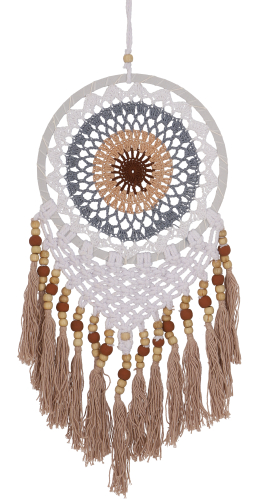 Dreamcatcher with crocheted lace - white/gray/brown 22 cm