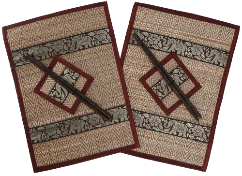 Place mat, raffia coaster, table mat set of 2 with chopsticks with gift box - wine red - 25x35x0,3 cm 
