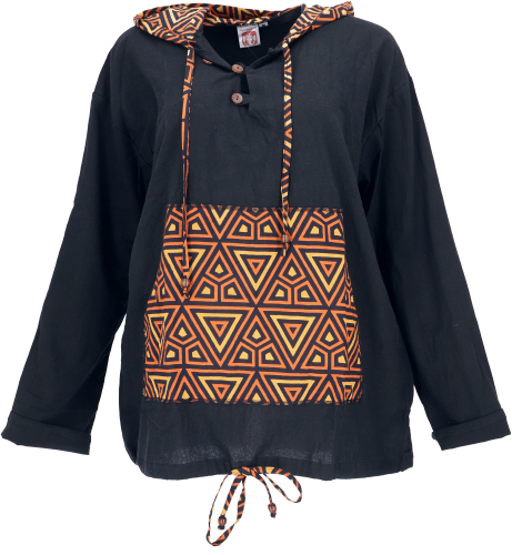 Ethno hooded shirt, shirt shirt with hood, hoodie made of cotton - black/turmeric