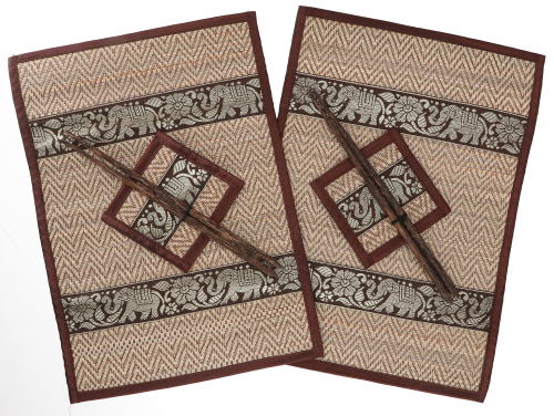 Place mat, raffia coaster, table mat set of 2 with chopsticks with gift box - brown - 25x35x0,3 cm 