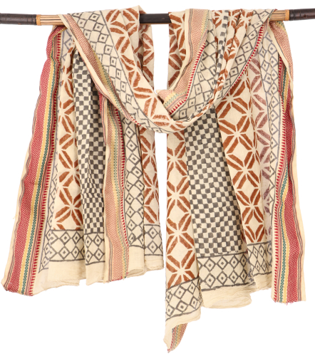 Lightweight pareo, sarong, hand-printed cotton scarf - mustard/brown - 190x120 cm